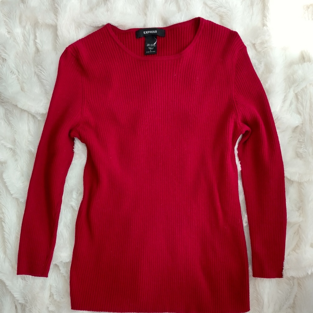Express Women's Long Sleeve Ribbed Crewneck Top - Red